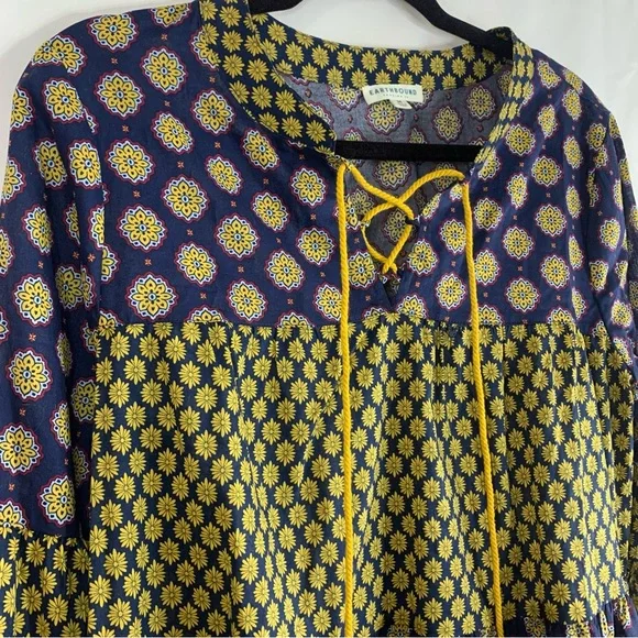 Earthbound Trading Co. Mixed Print Boho Tiered Cotton Navy Peasant Tunic, size M - Picture 8 of 12